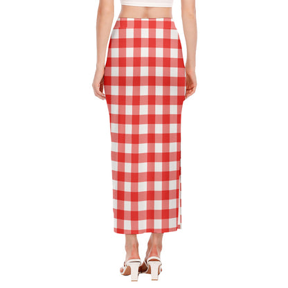 Red And White Buffalo Check Print Side Slit Maxi Skirt