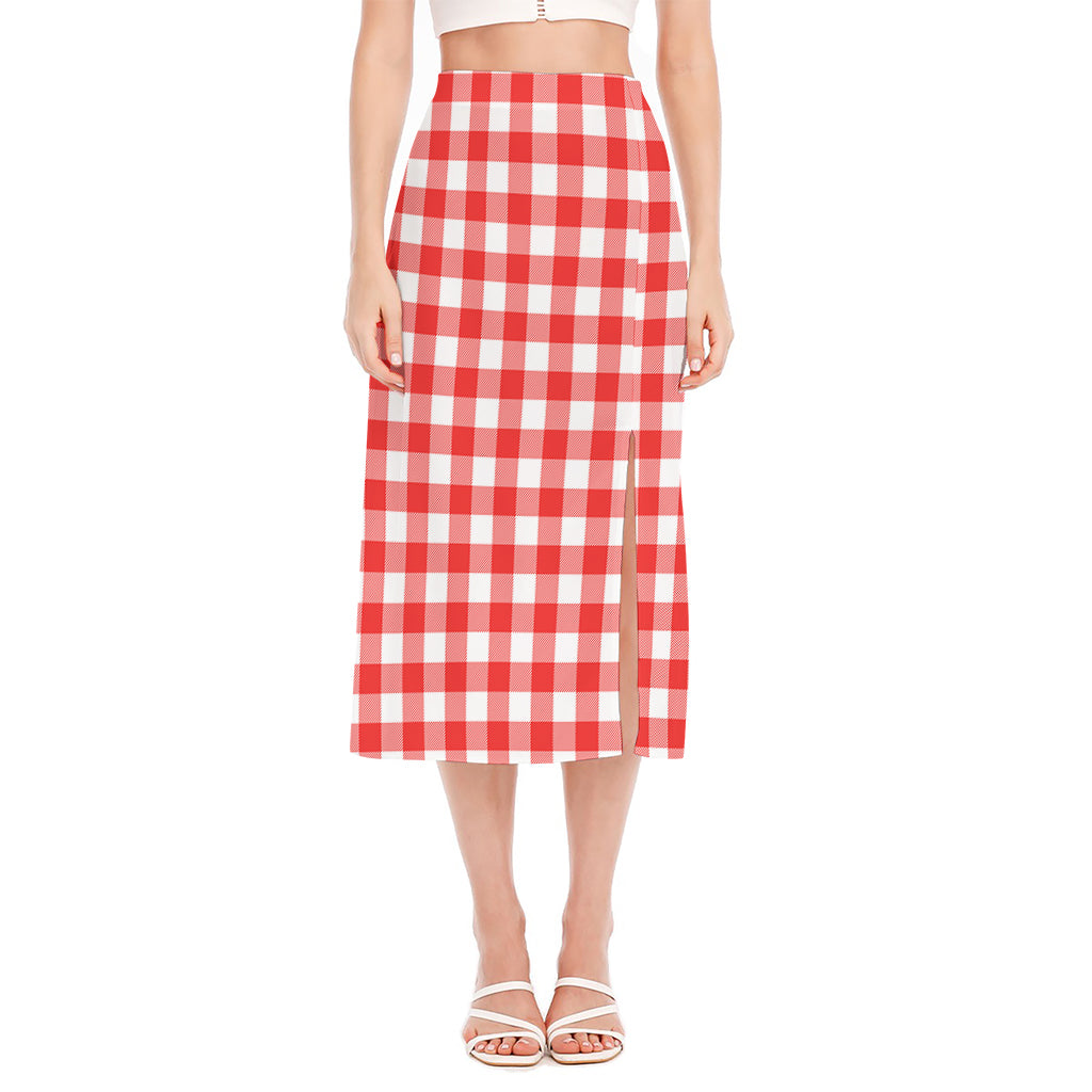 Red And White Buffalo Check Print Side Slit Midi Skirt