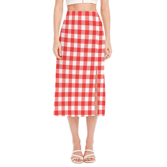Red And White Buffalo Check Print Side Slit Midi Skirt