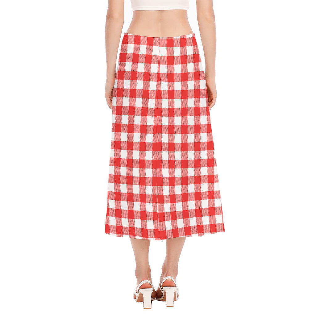 Red And White Buffalo Check Print Side Slit Midi Skirt