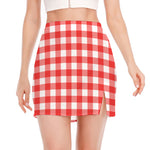 Red And White Buffalo Check Print Side Slit Mini Skirt