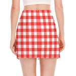 Red And White Buffalo Check Print Side Slit Mini Skirt