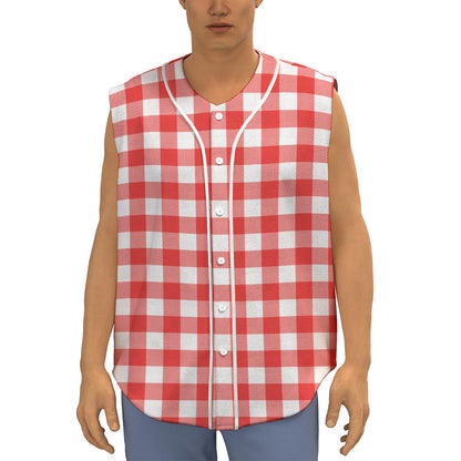 Red And White Buffalo Check Print Sleeveless Baseball Jersey
