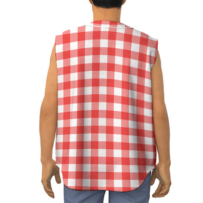 Red And White Buffalo Check Print Sleeveless Baseball Jersey