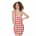 Red And White Buffalo Check Print Sleeveless Bodycon Dress