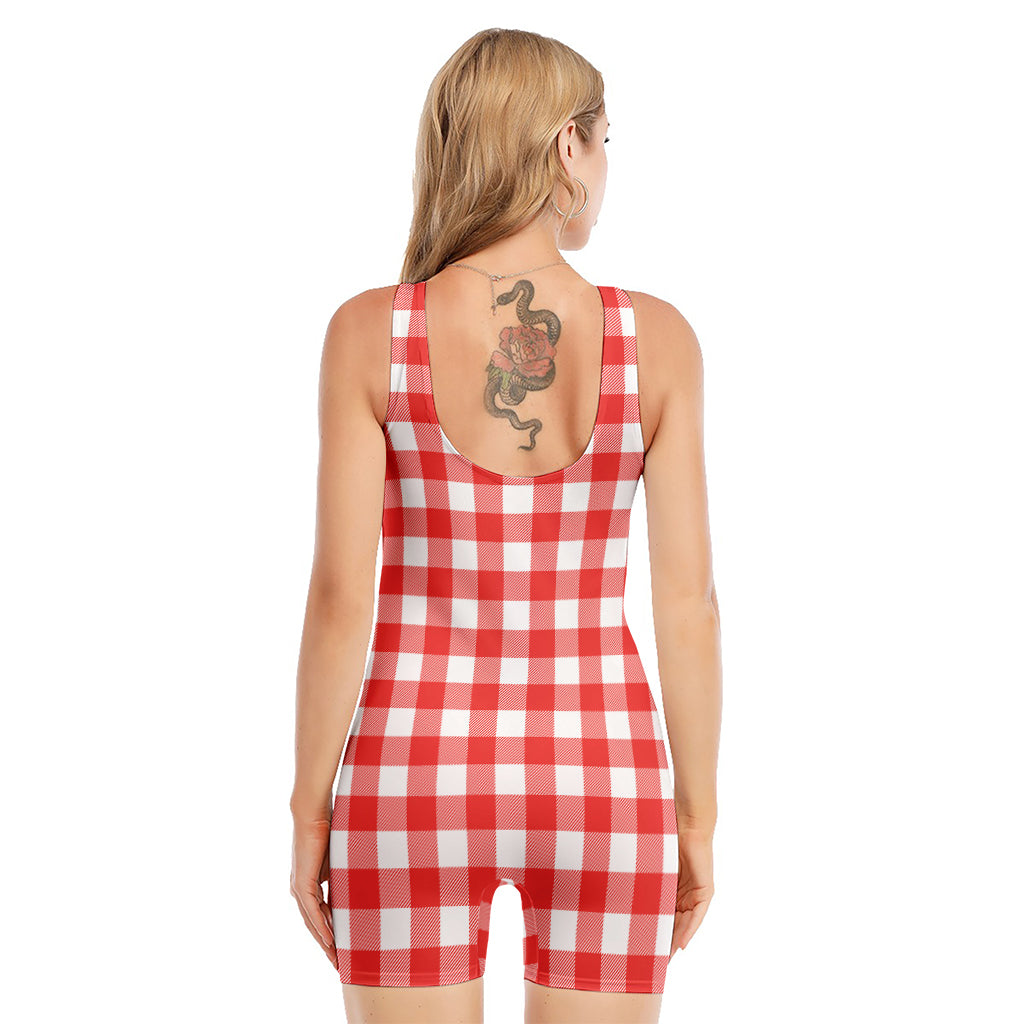 Red And White Buffalo Check Print Sleeveless One Piece Swimsuit
