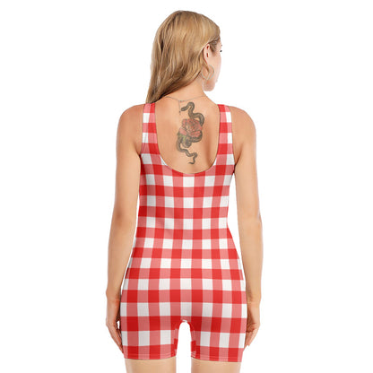 Red And White Buffalo Check Print Sleeveless One Piece Swimsuit