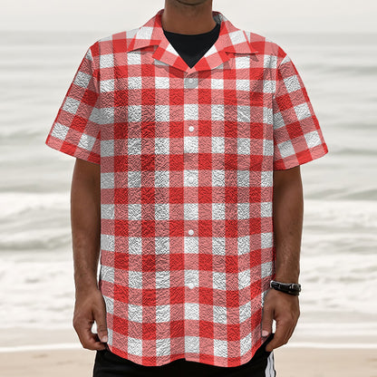 Red And White Buffalo Check Print Textured Short Sleeve Shirt