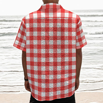 Red And White Buffalo Check Print Textured Short Sleeve Shirt