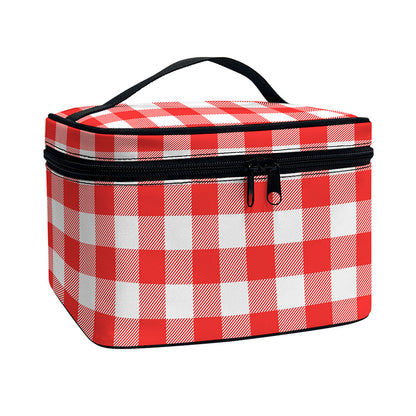 Red And White Buffalo Check Print Travel Makeup Bag