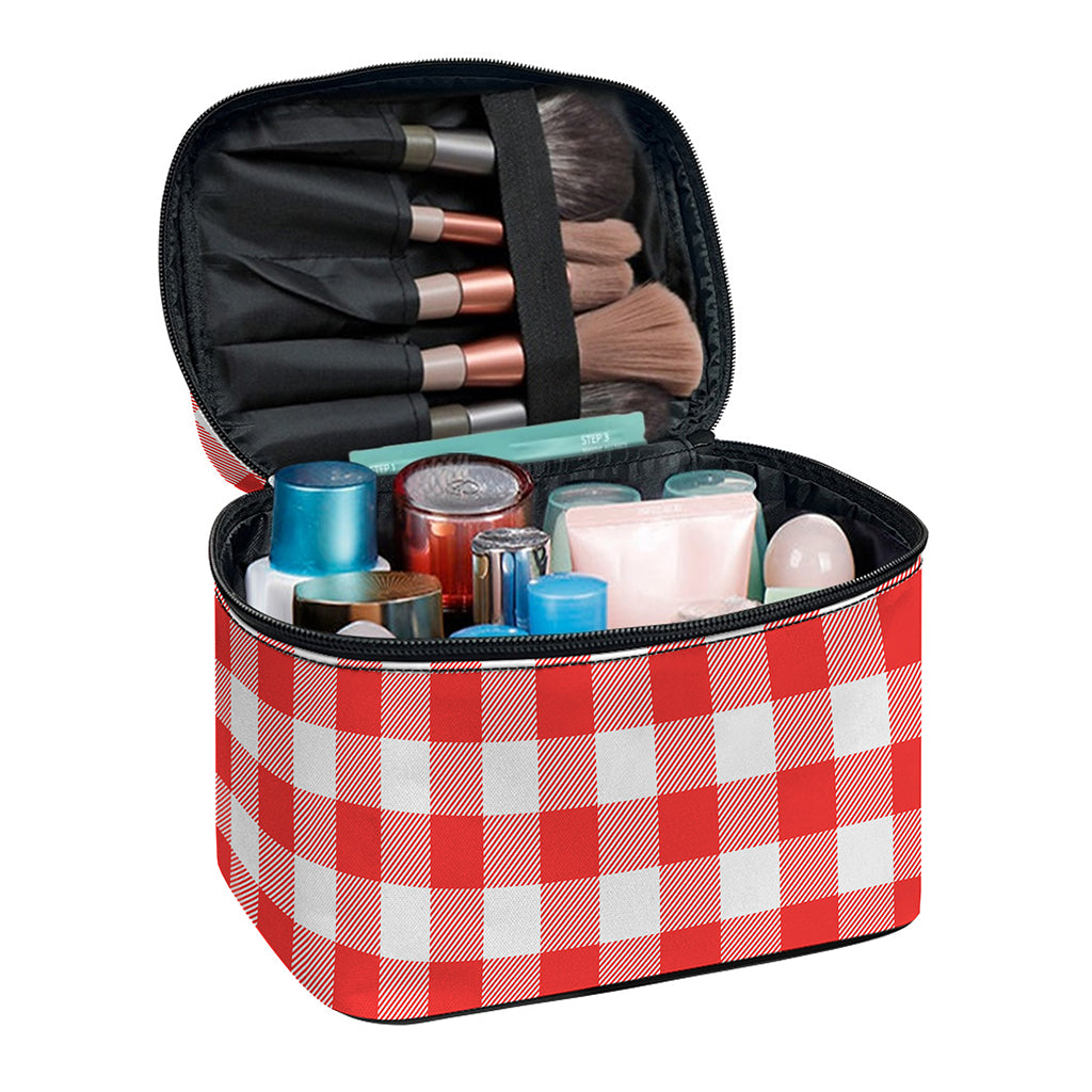 Red And White Buffalo Check Print Travel Makeup Bag