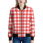 Red And White Buffalo Check Print Women's Bomber Jacket