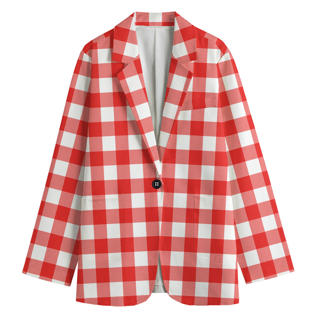 Red And White Buffalo Check Print Women's Cotton Blazer