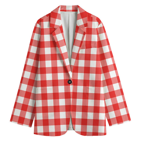 Red And White Buffalo Check Print Women's Cotton Blazer