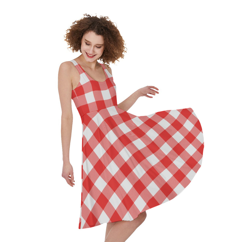 Red And White Buffalo Check Print Women's Sleeveless Dress