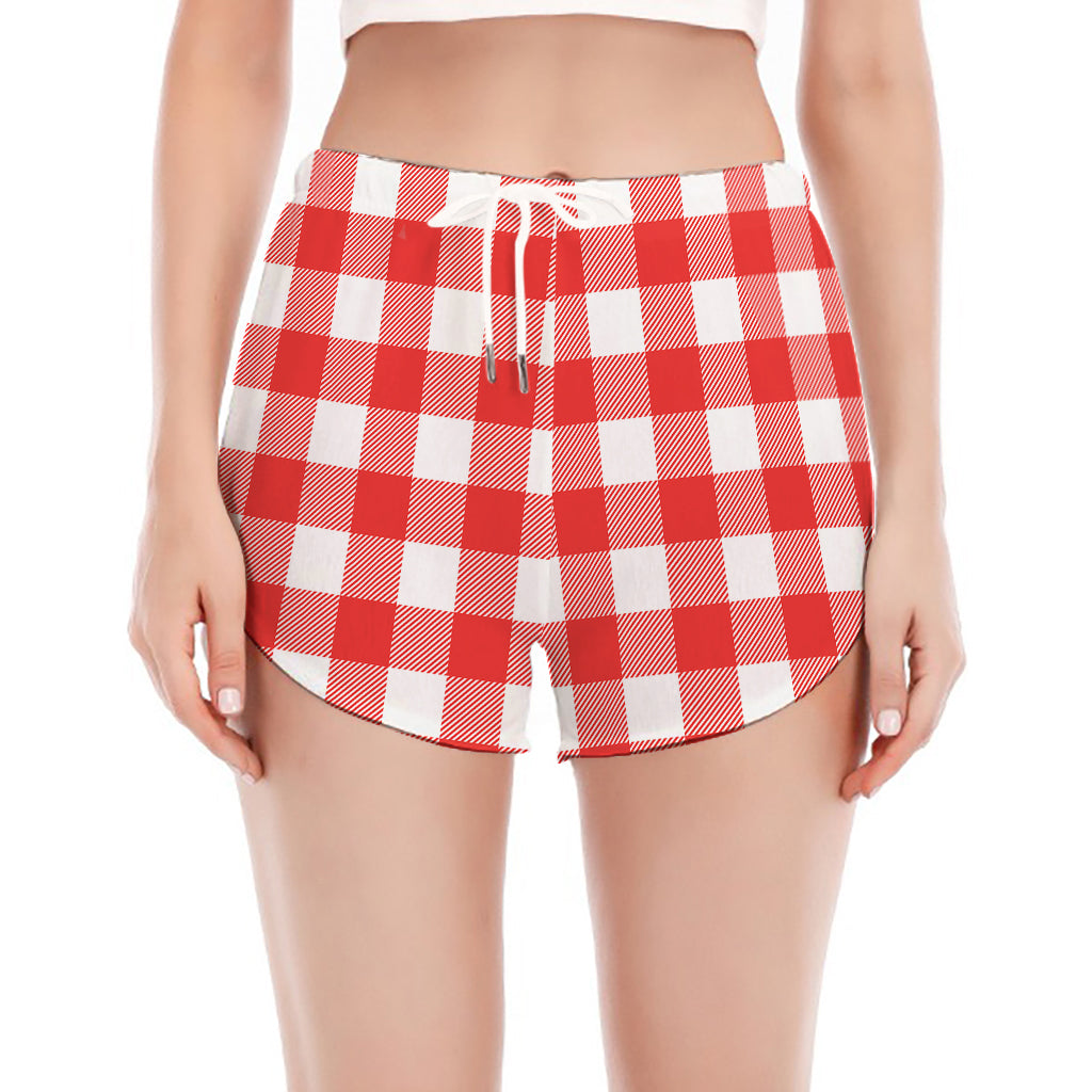 Red And White Buffalo Check Print Women's Split Running Shorts