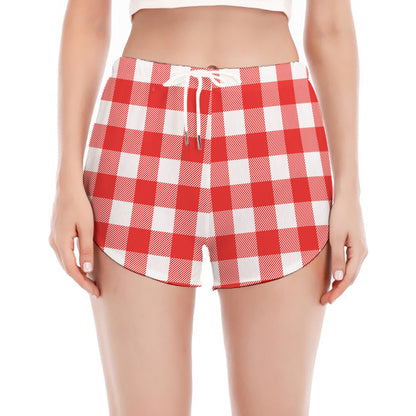 Red And White Buffalo Check Print Women's Split Running Shorts