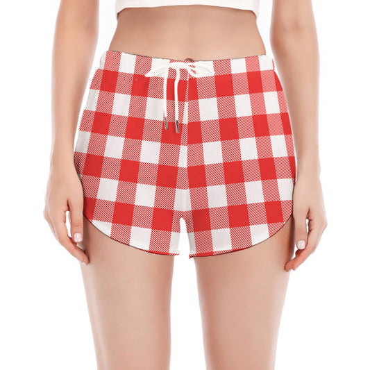 Red And White Buffalo Check Print Women's Split Running Shorts