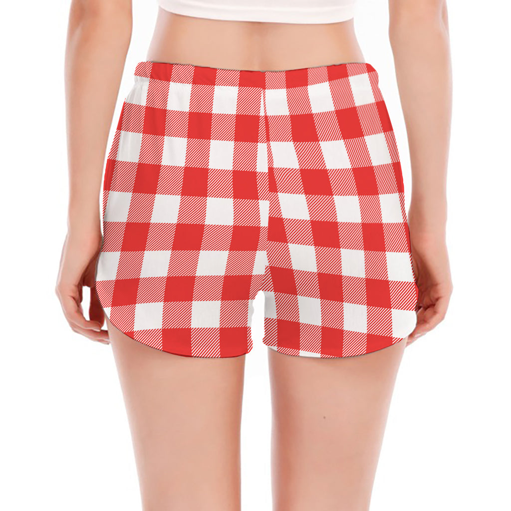 Red And White Buffalo Check Print Women's Split Running Shorts