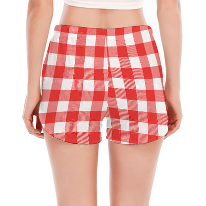 Red And White Buffalo Check Print Women's Split Running Shorts
