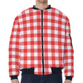 Red And White Buffalo Check Print Zip Sleeve Bomber Jacket