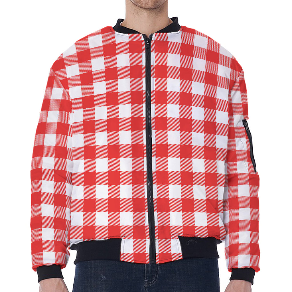 Red And White Buffalo Check Print Zip Sleeve Bomber Jacket