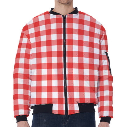 Red And White Buffalo Check Print Zip Sleeve Bomber Jacket