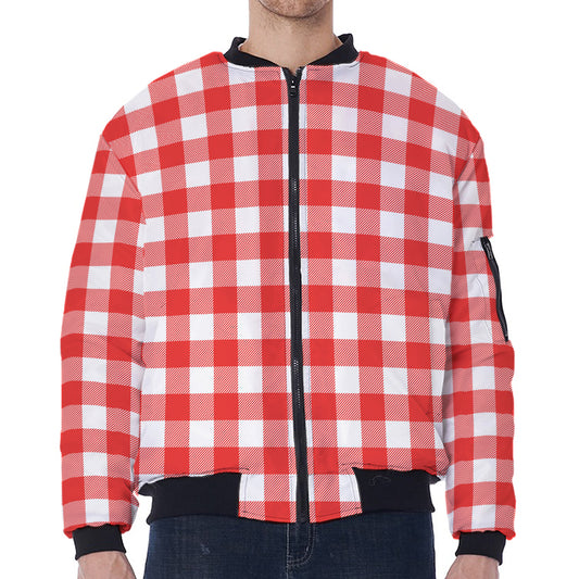 Red And White Buffalo Check Print Zip Sleeve Bomber Jacket