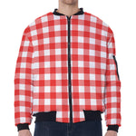 Red And White Buffalo Check Print Zip Sleeve Bomber Jacket