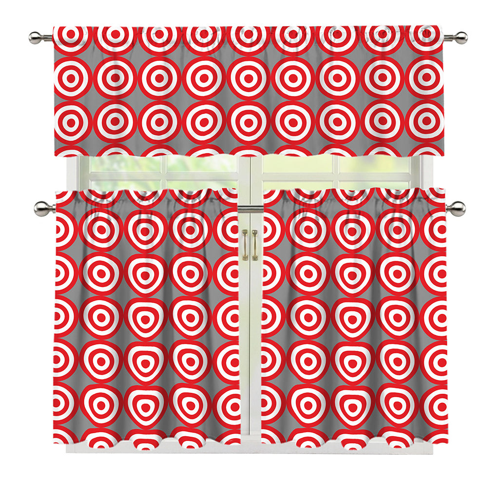 Red And White Bullseye Target Print 3 Piece Kitchen Curtains