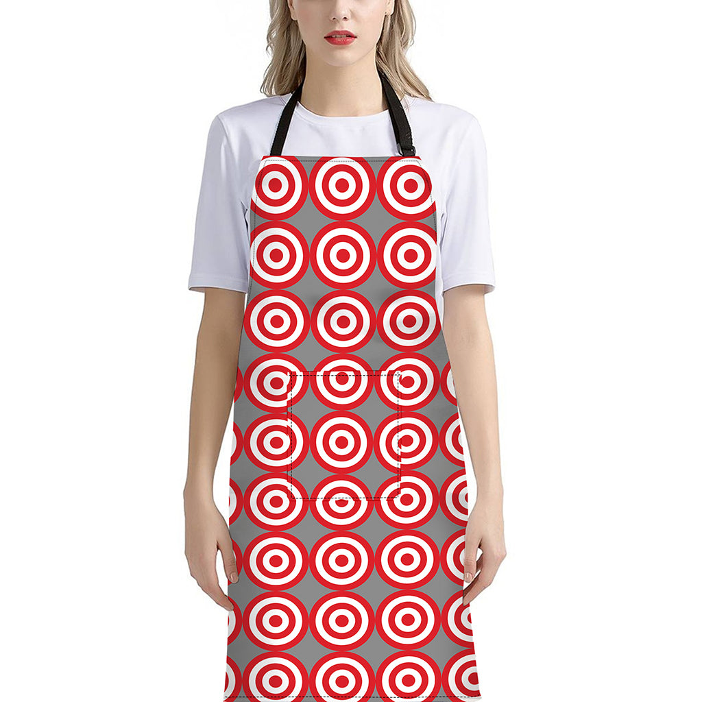 Red And White Bullseye Target Print Bib Apron With Pocket