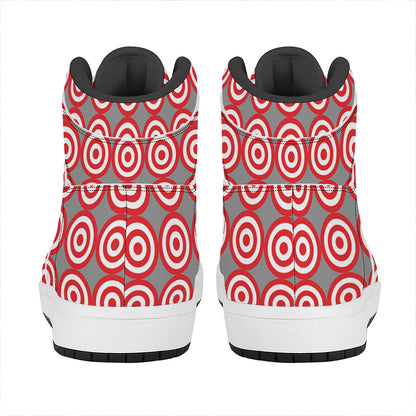 Red And White Bullseye Target Print High Top Leather Sneakers