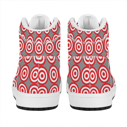 Red And White Bullseye Target Print High Top Leather Sneakers