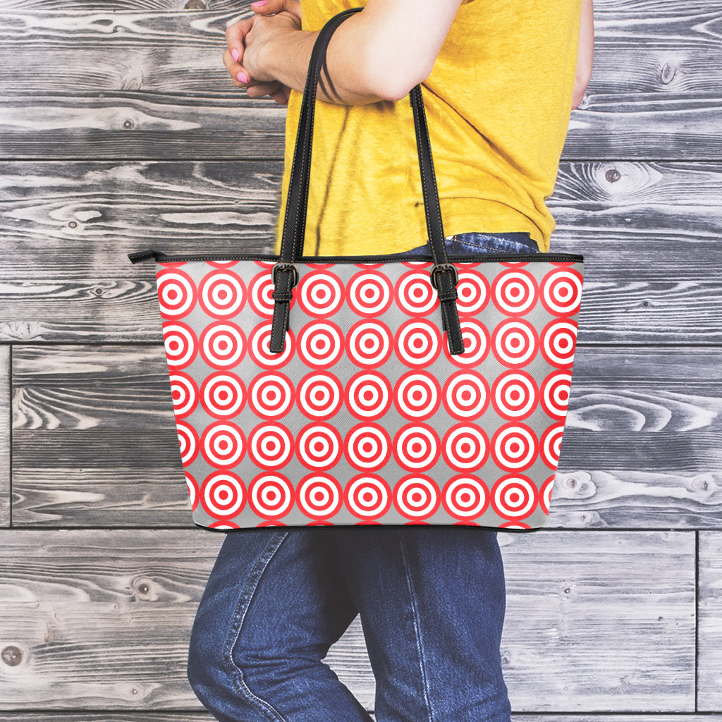 Red And White Bullseye Target Print Leather Tote Bag