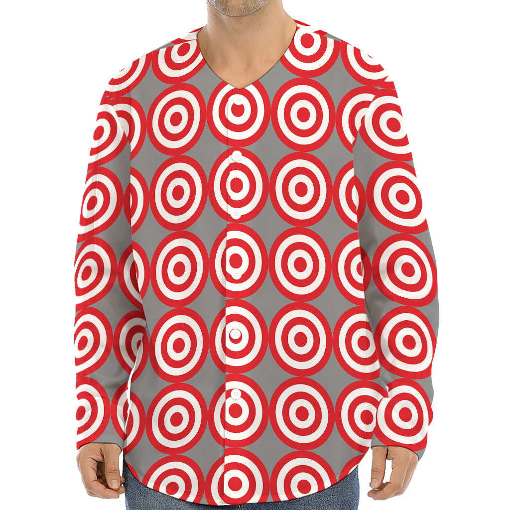 Red And White Bullseye Target Print Long Sleeve Baseball Jersey