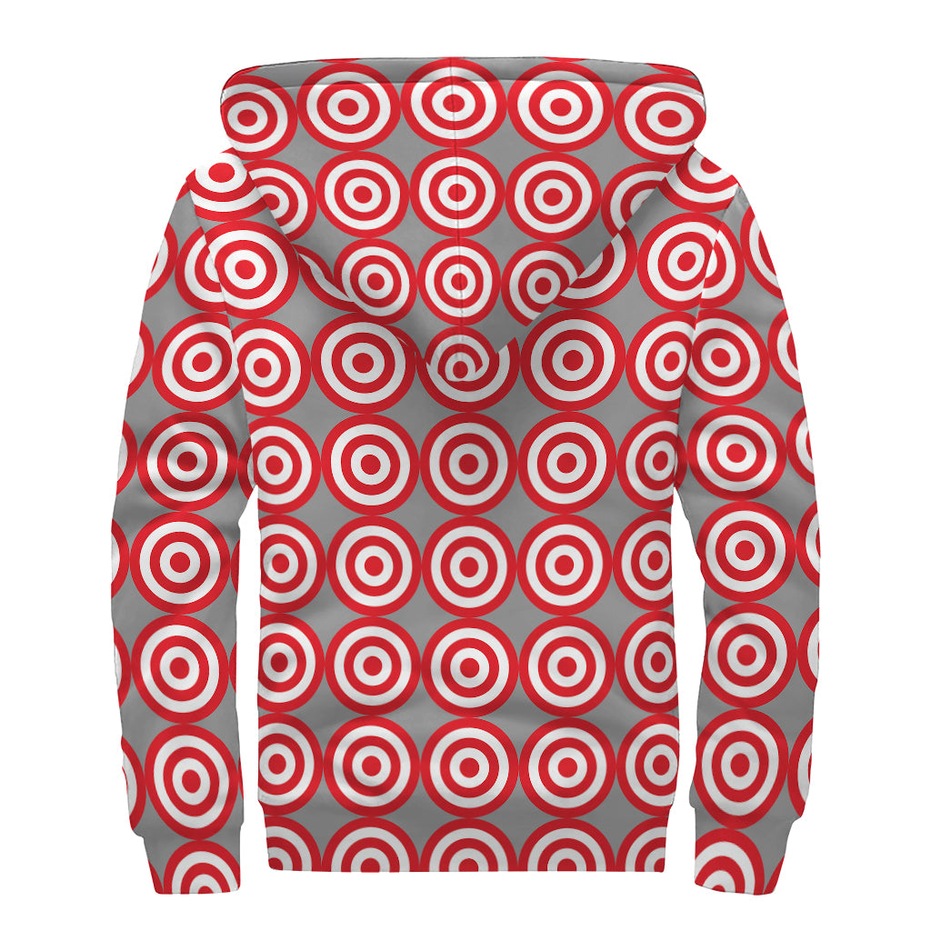 Red And White Bullseye Target Print Sherpa Lined Zip Up Hoodie
