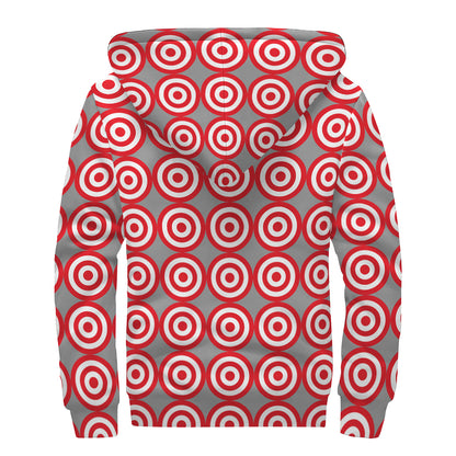 Red And White Bullseye Target Print Sherpa Lined Zip Up Hoodie