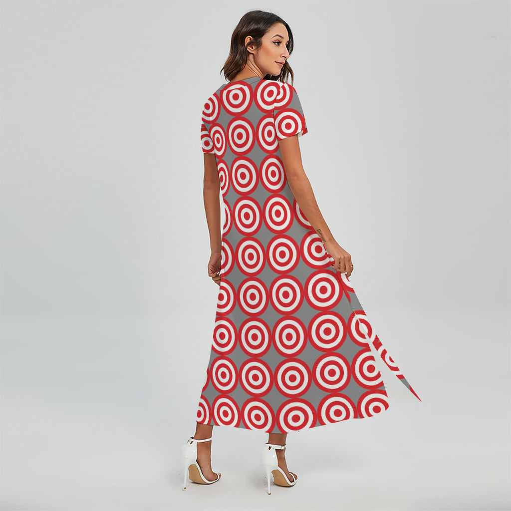 Red And White Bullseye Target Print Short Sleeve Maxi Dress