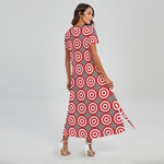 Red And White Bullseye Target Print Short Sleeve Maxi Dress