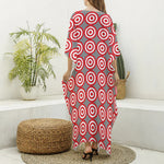 Red And White Bullseye Target Print Silk V-Neck Kaftan Dress