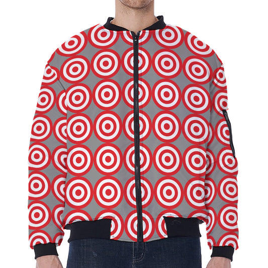 Red And White Bullseye Target Print Zip Sleeve Bomber Jacket
