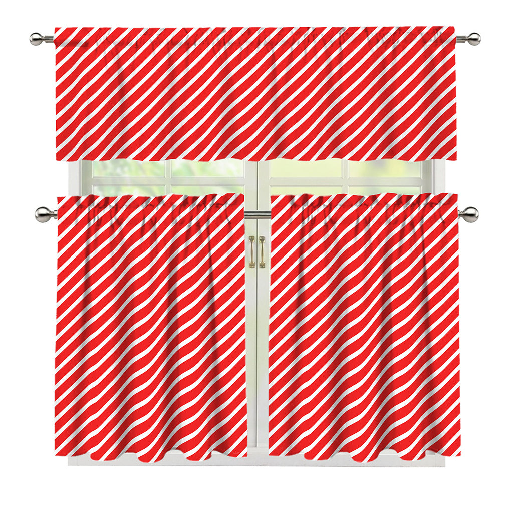 Red And White Candy Cane Pattern Print 3 Piece Kitchen Curtains