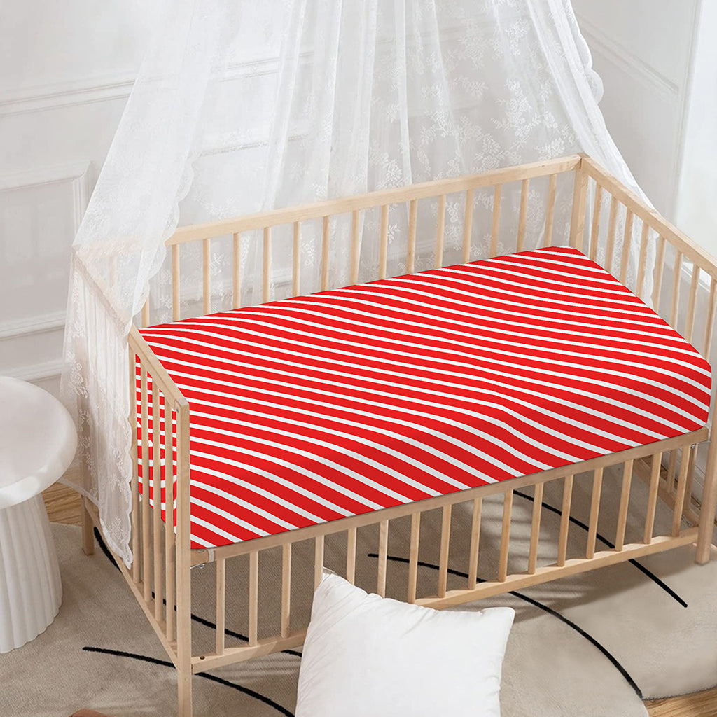Red And White Candy Cane Pattern Print Baby Crib Sheet