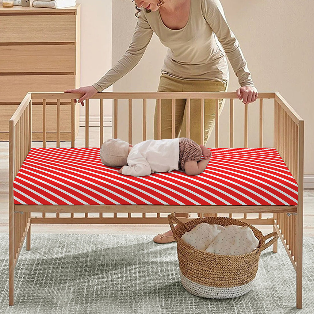 Red And White Candy Cane Pattern Print Baby Crib Sheet
