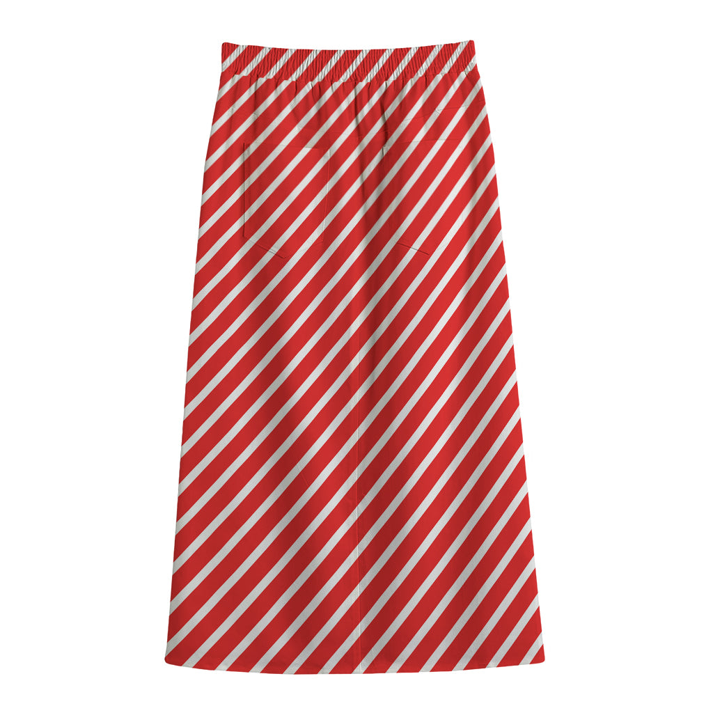 Red And White Candy Cane Pattern Print Cotton Front Slit Maxi Skirt