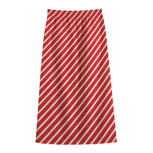 Red And White Candy Cane Pattern Print Cotton Front Slit Maxi Skirt