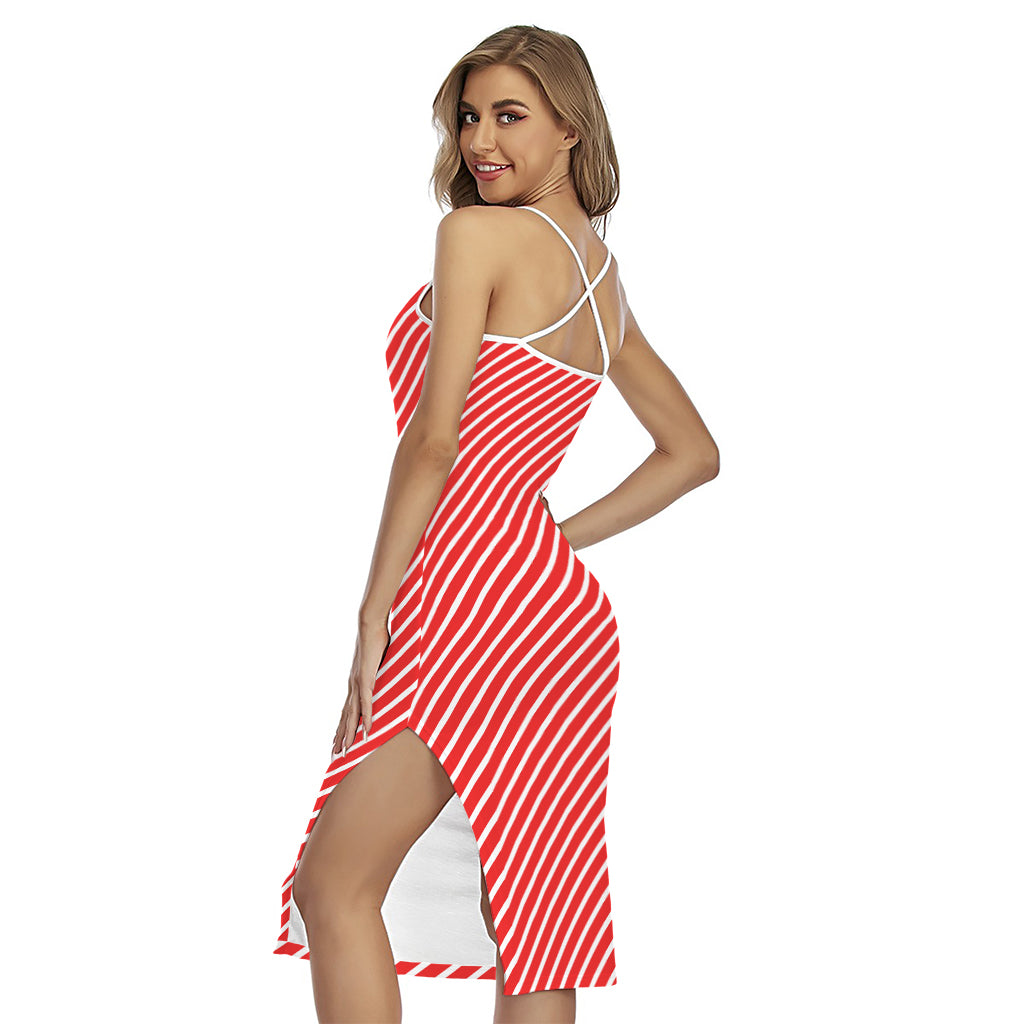 Red And White Candy Cane Pattern Print Cross Back Cami Dress