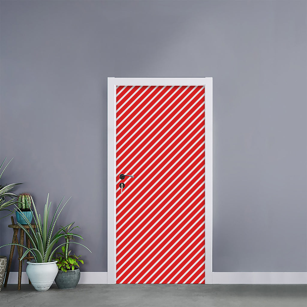 Red And White Candy Cane Pattern Print Door Sticker