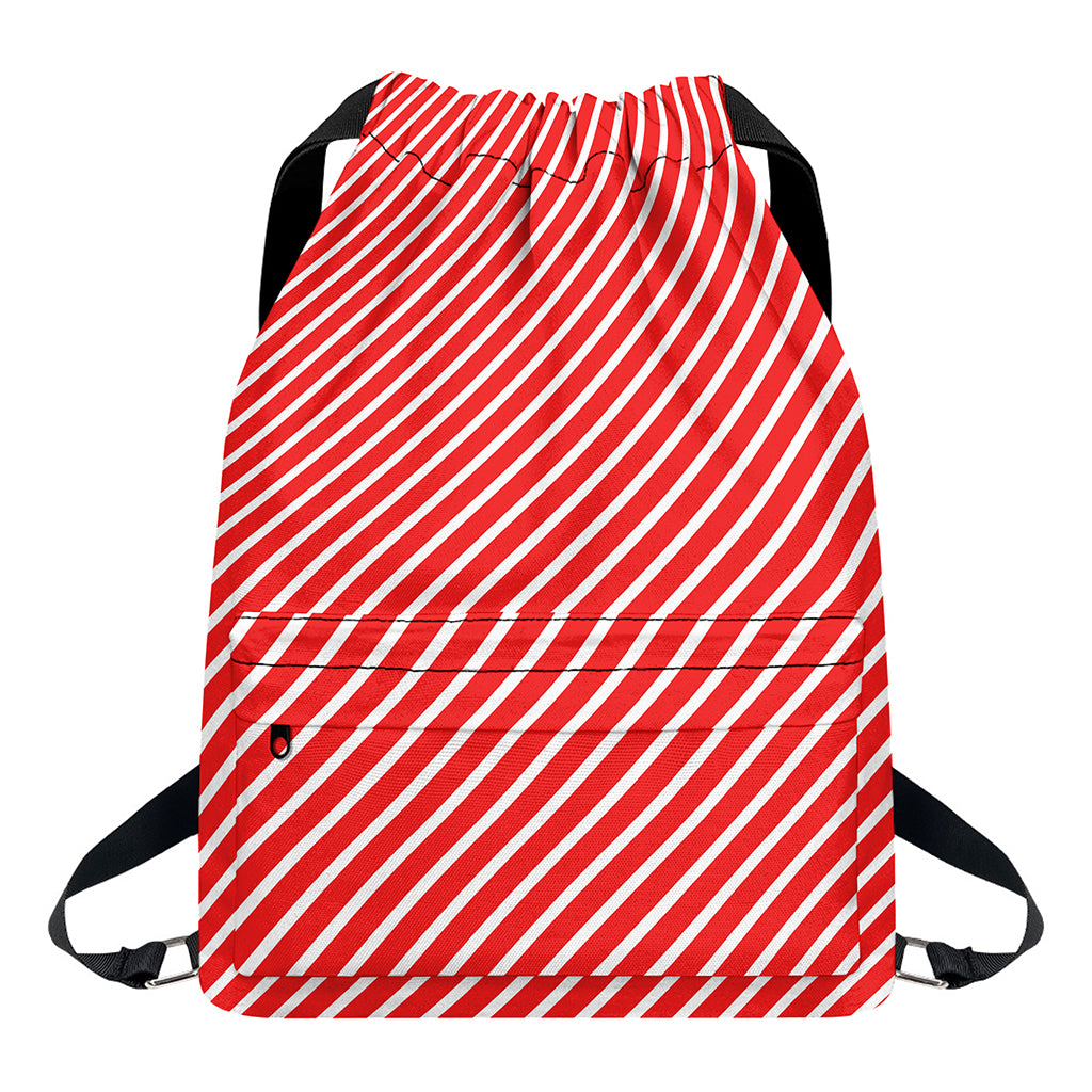 Red And White Candy Cane Pattern Print Drawstring Backpack