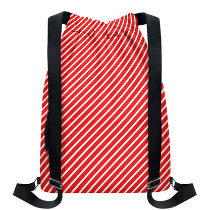 Red And White Candy Cane Pattern Print Drawstring Backpack